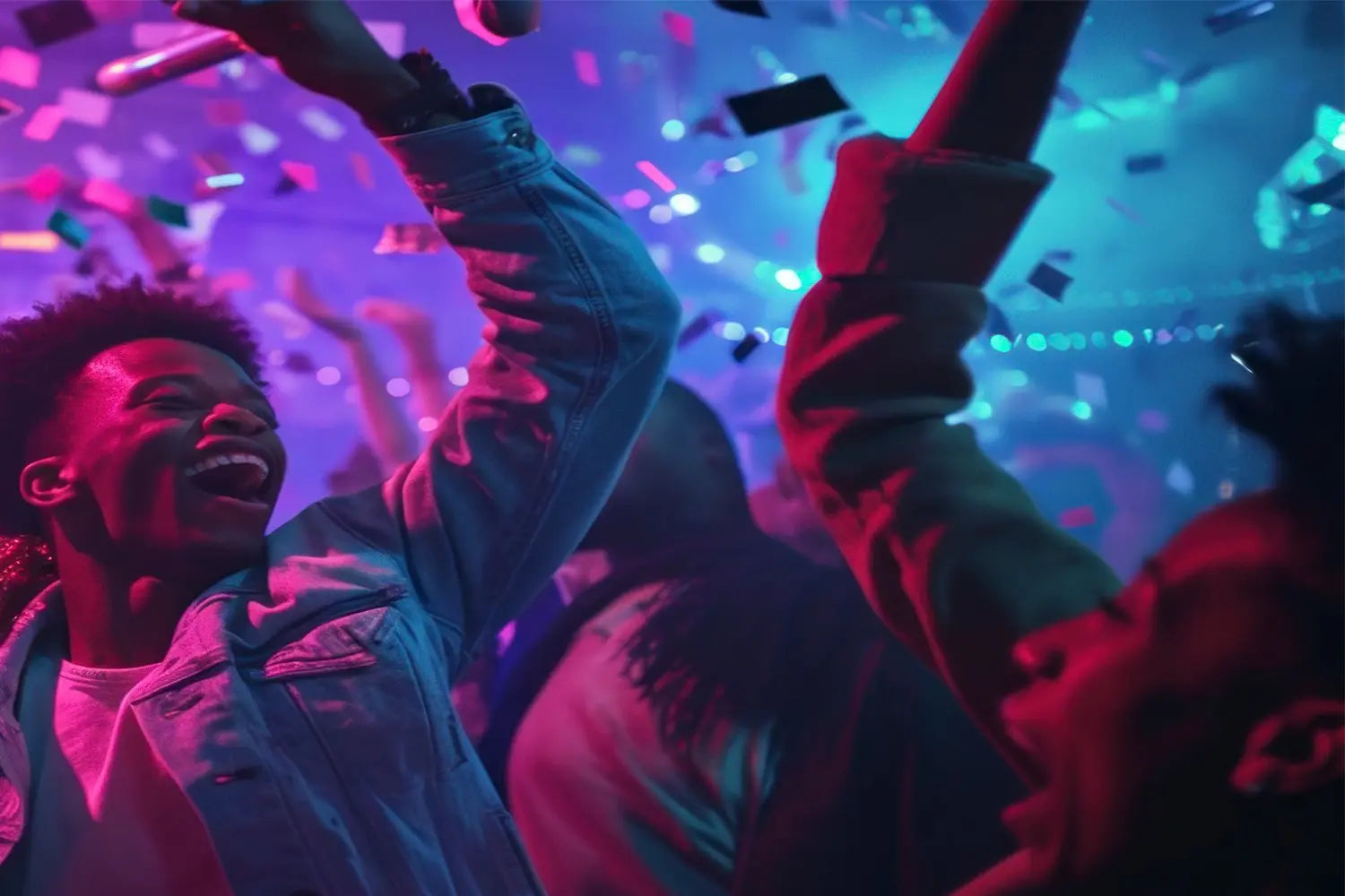 Junge feiern ausgelassen unter Konfetti und buntem Licht bei Blaupunkt 100 Jahre Jubiläumsparty