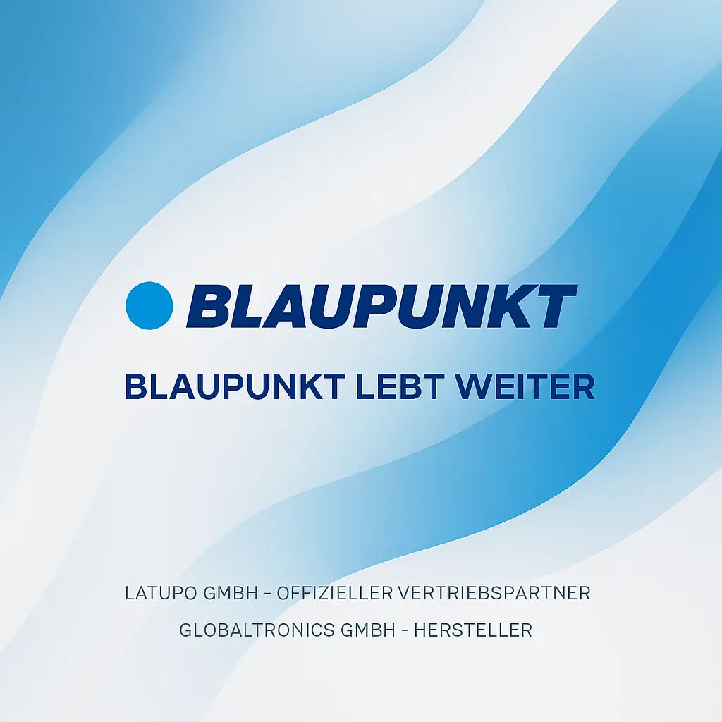 Blaupunkt logo with text "Blaupunkt lebt weiter" and company names Latupo GmbH and Globaltronics GmbH on blue and white background.