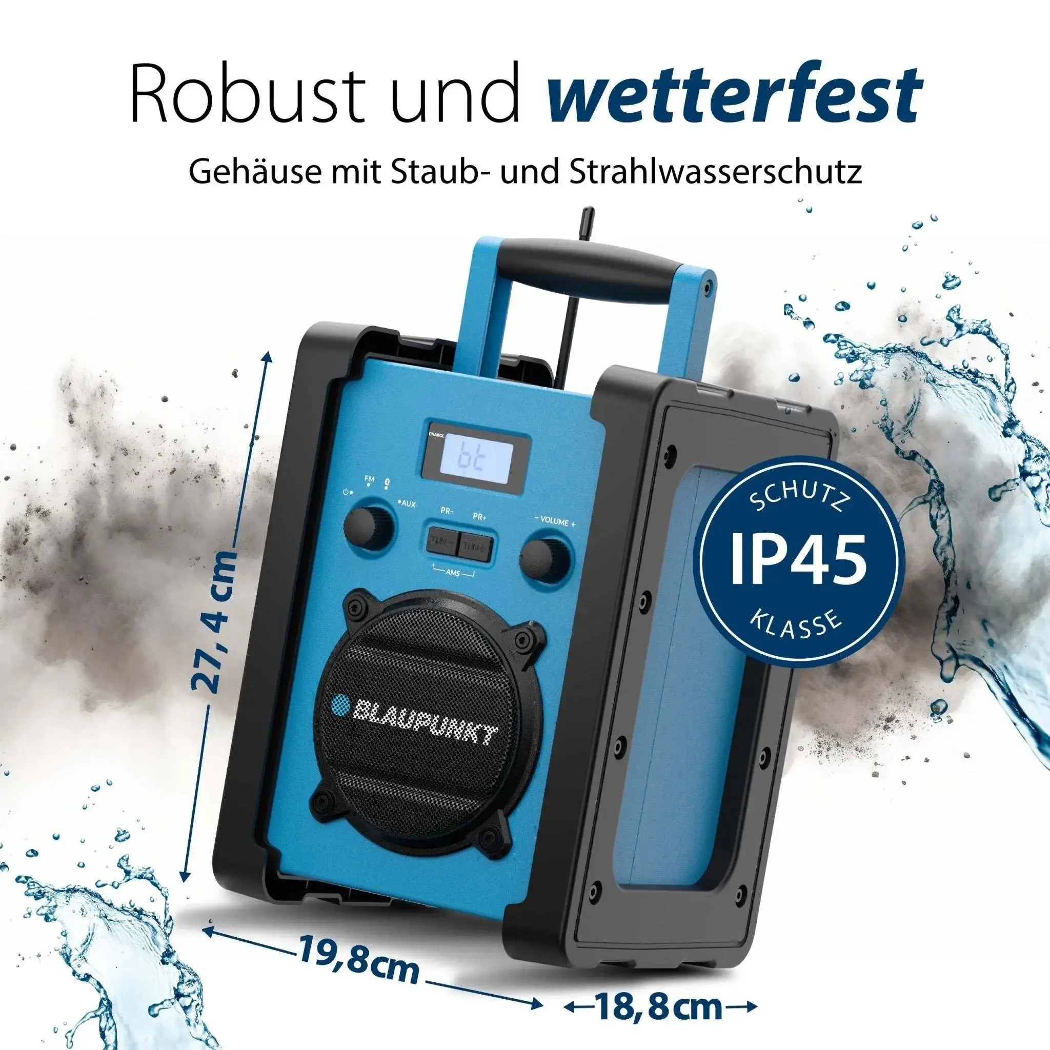 Baustellenradio mit Akku BSR 30, robustes wetterfestes IP45 Gehäuse, tragbares Baustellenradio mit Bluetooth und 10 Watt RMS Lautsprecherleistung.