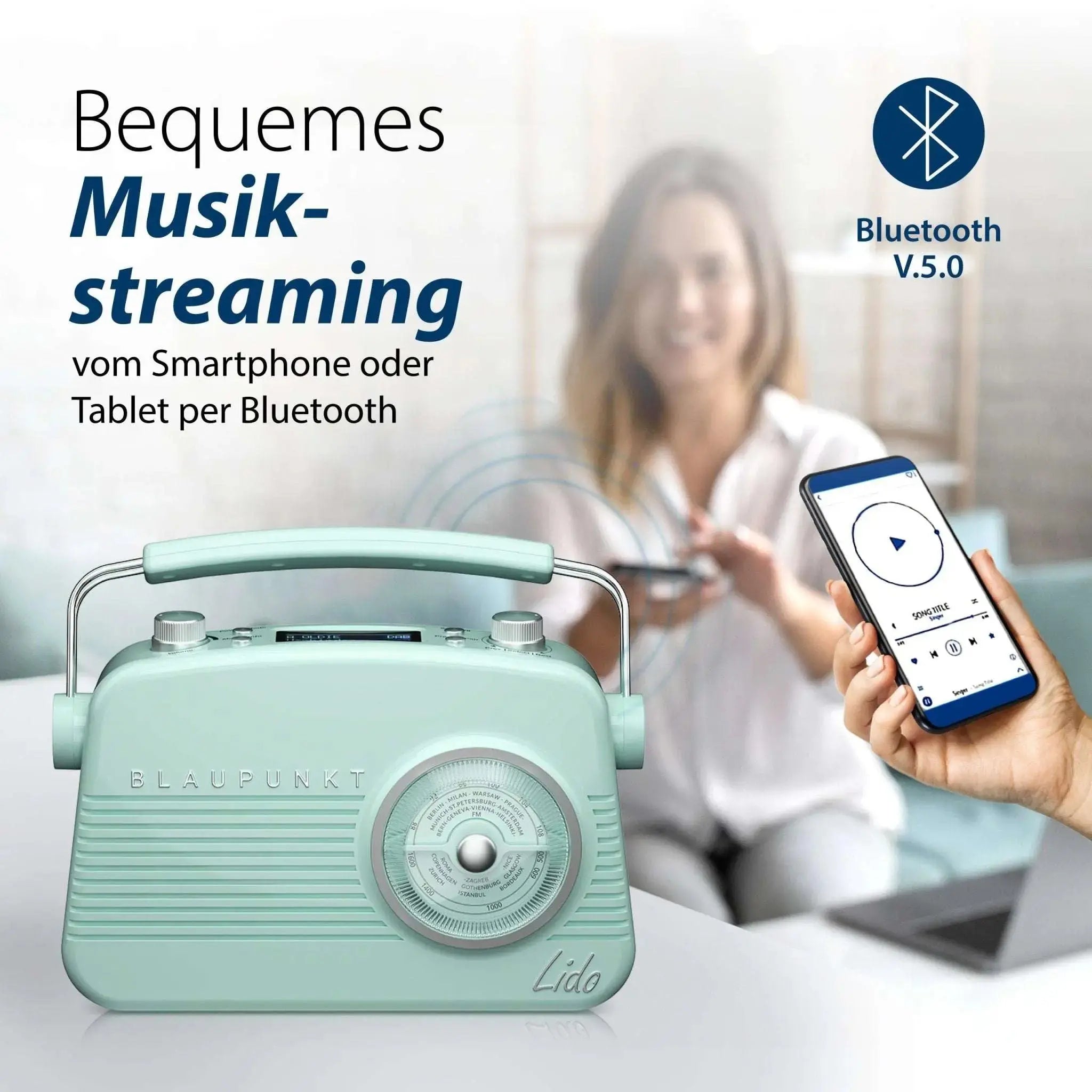 Retro Nostalgieradio mit DAB+, Bluetooth 5.0 und analoger Frequenzanzeige in pastellgrün