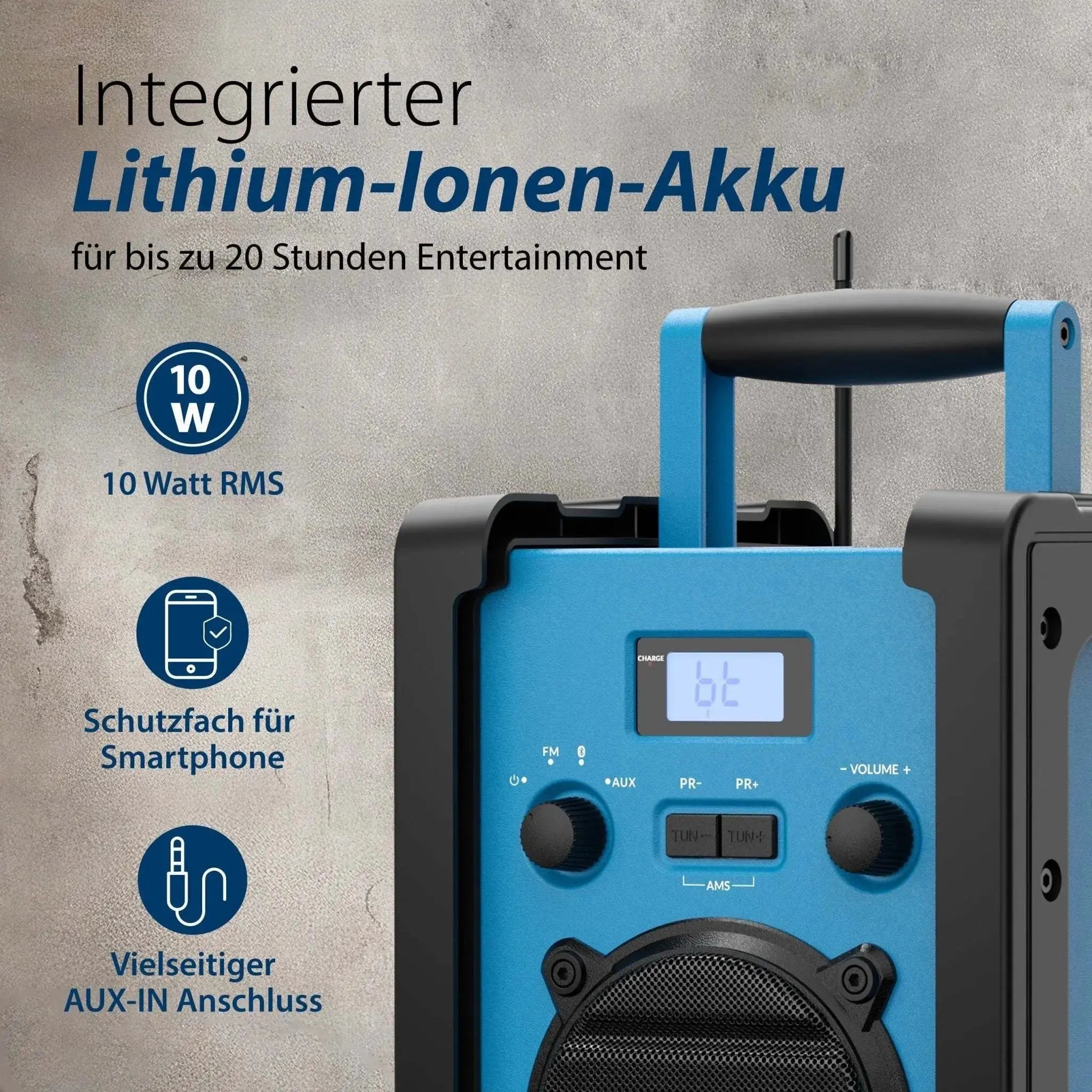 Robustes Baustellenradio mit Akku und Bluetooth 5.3, 10 Watt RMS, AUX-IN Anschluss und integriertem Lithium-Ionen-Akku für bis zu 20 Stunden Musikwiedergabe
