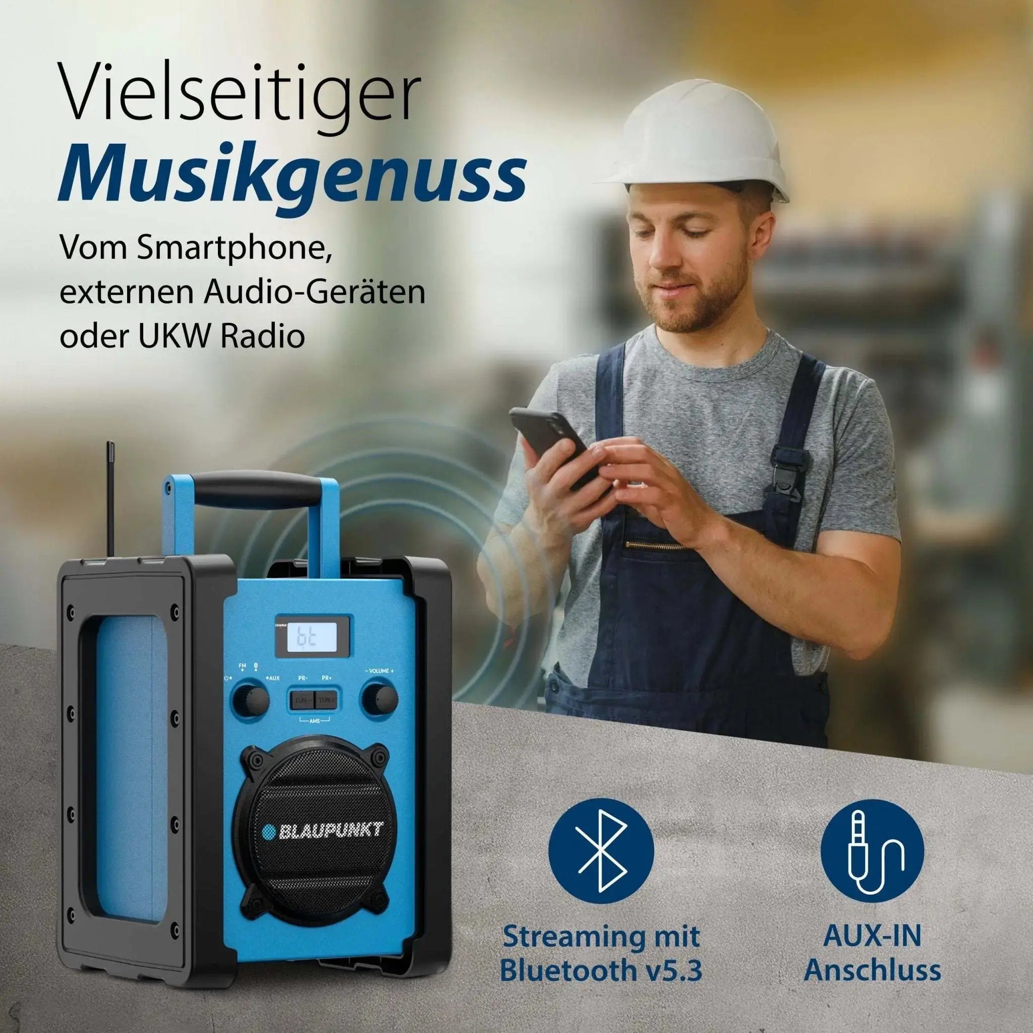 Baustellenradio mit Akku BSR 30 robustes IP45 Radio Bluetooth 5.3 UKW Radio AUX-IN Anschluss portable Baustellenradio