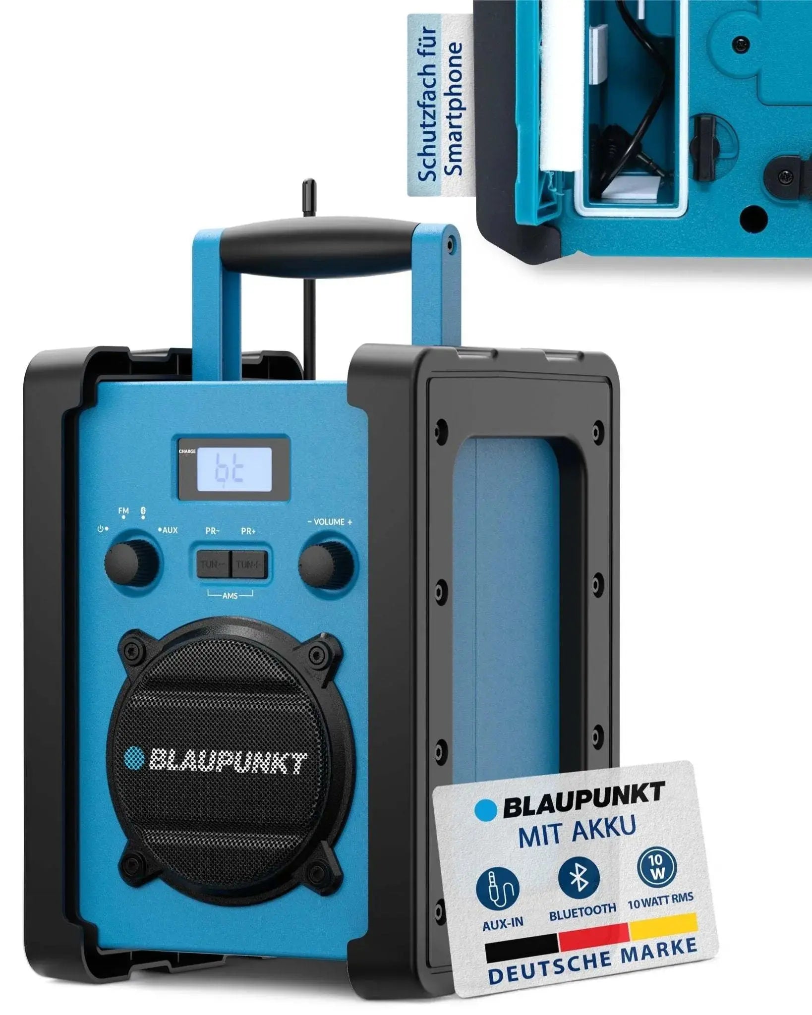 Robustes Baustellenradio mit Akku BSR 30, Bluetooth 5.3, IP45 Schutz, 10 Watt RMS, tragbar mit Tragegriff, AUX-IN und LC-Display