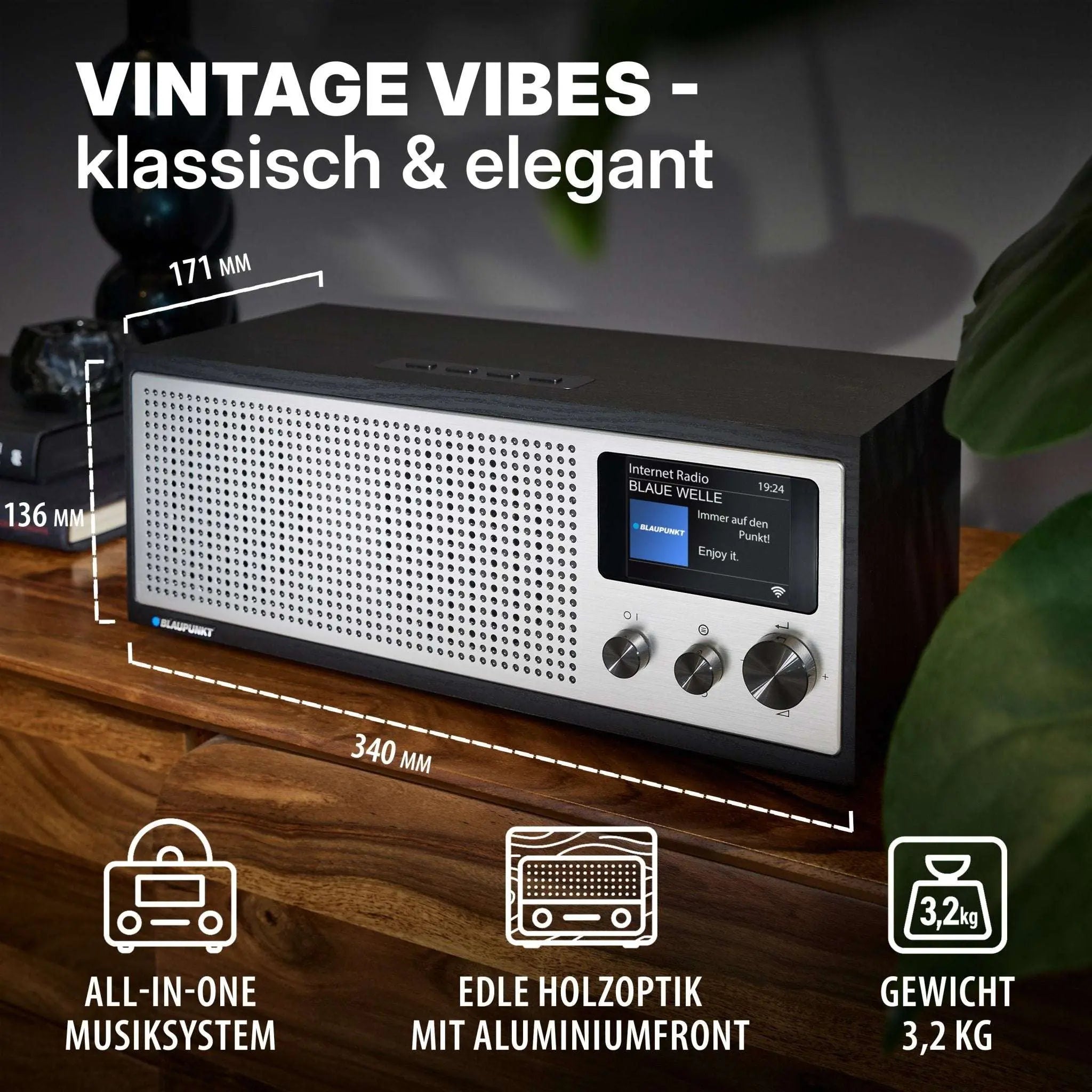 Internetradio mit DAB+ Blaupunkt Napoli im Vintage-Design mit Holzoptik, Aluminiumfront und 3,2 Zoll Farbdisplay, 2x10 Watt RMS Soundleistung.