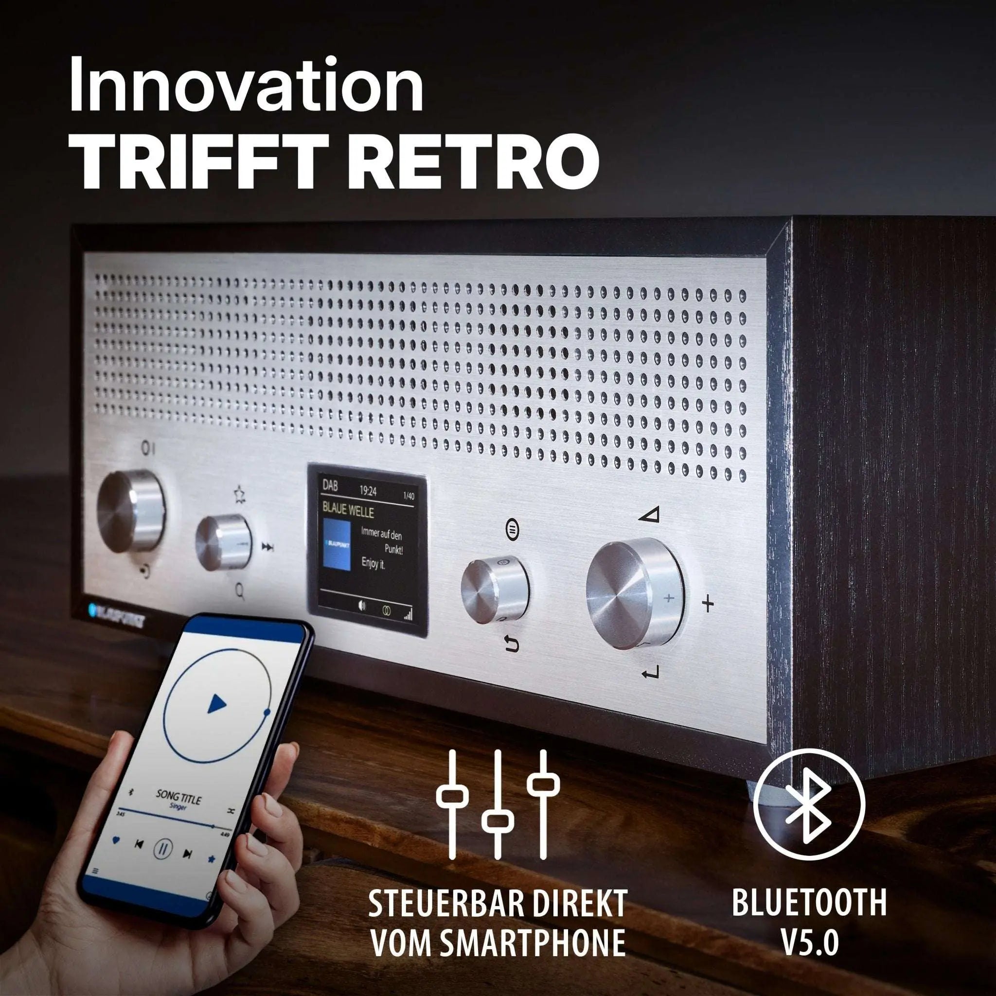 Nostalgieradio mit DAB+ und Bluetooth in Retrodesign mit Aluminiumfront und Holzgehäuse, steuerbar per Smartphone, schwarz
