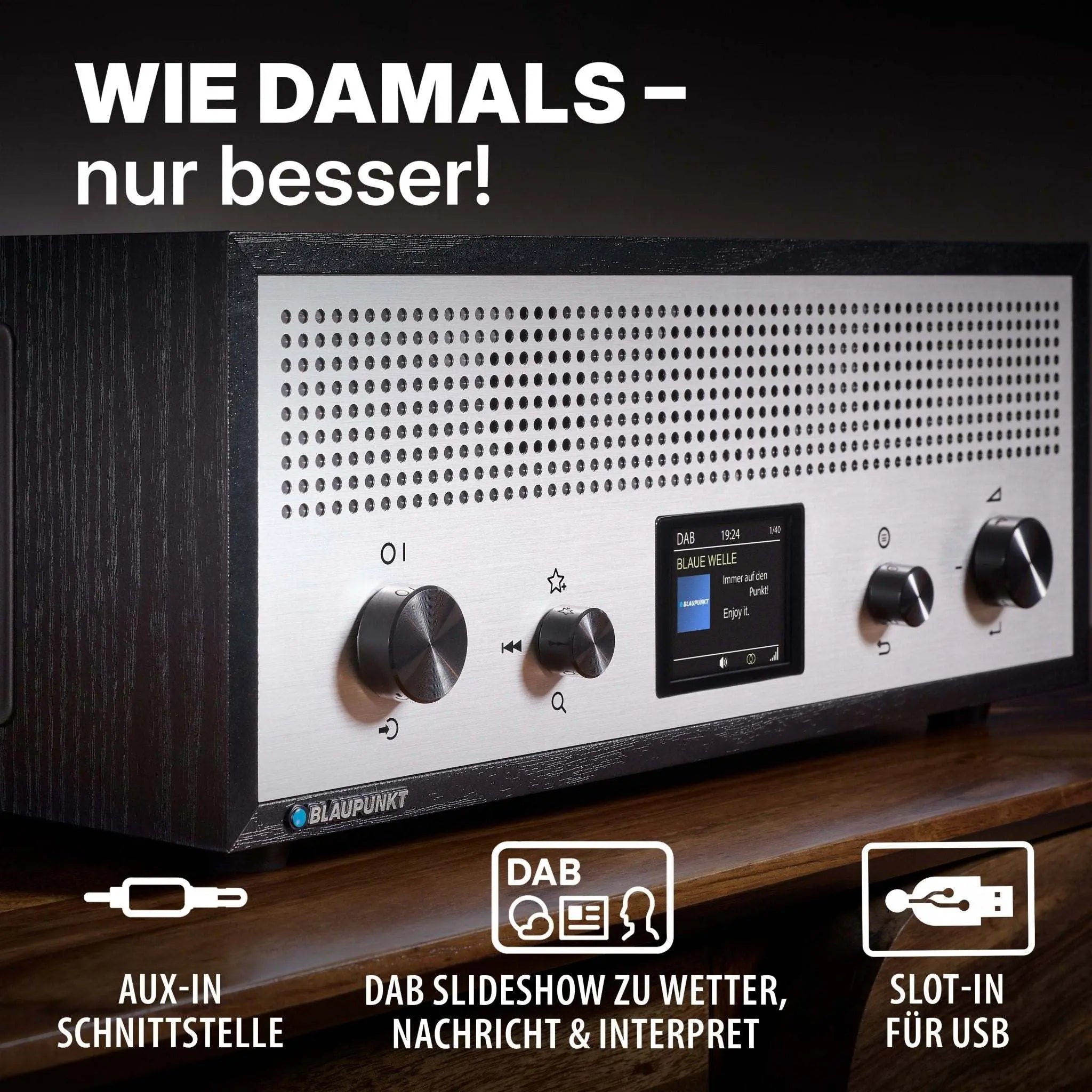 Schwarzes Nostalgieradio mit DAB+ und Bluetooth, Aluminiumfront, Holzgehäuse, AUX-In, USB-Ladefunktion, und farbigem LC-Display