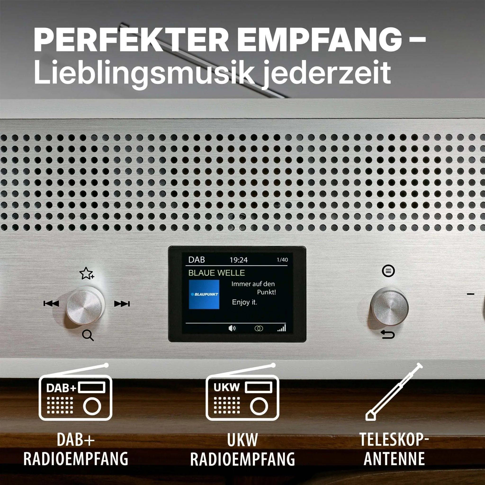 Nostalgieradio mit DAB+ und UKW, Bluetooth, Teleskopantenne, Retrodesign, weißes Blaupunkt Verona Modell, farbiges Display