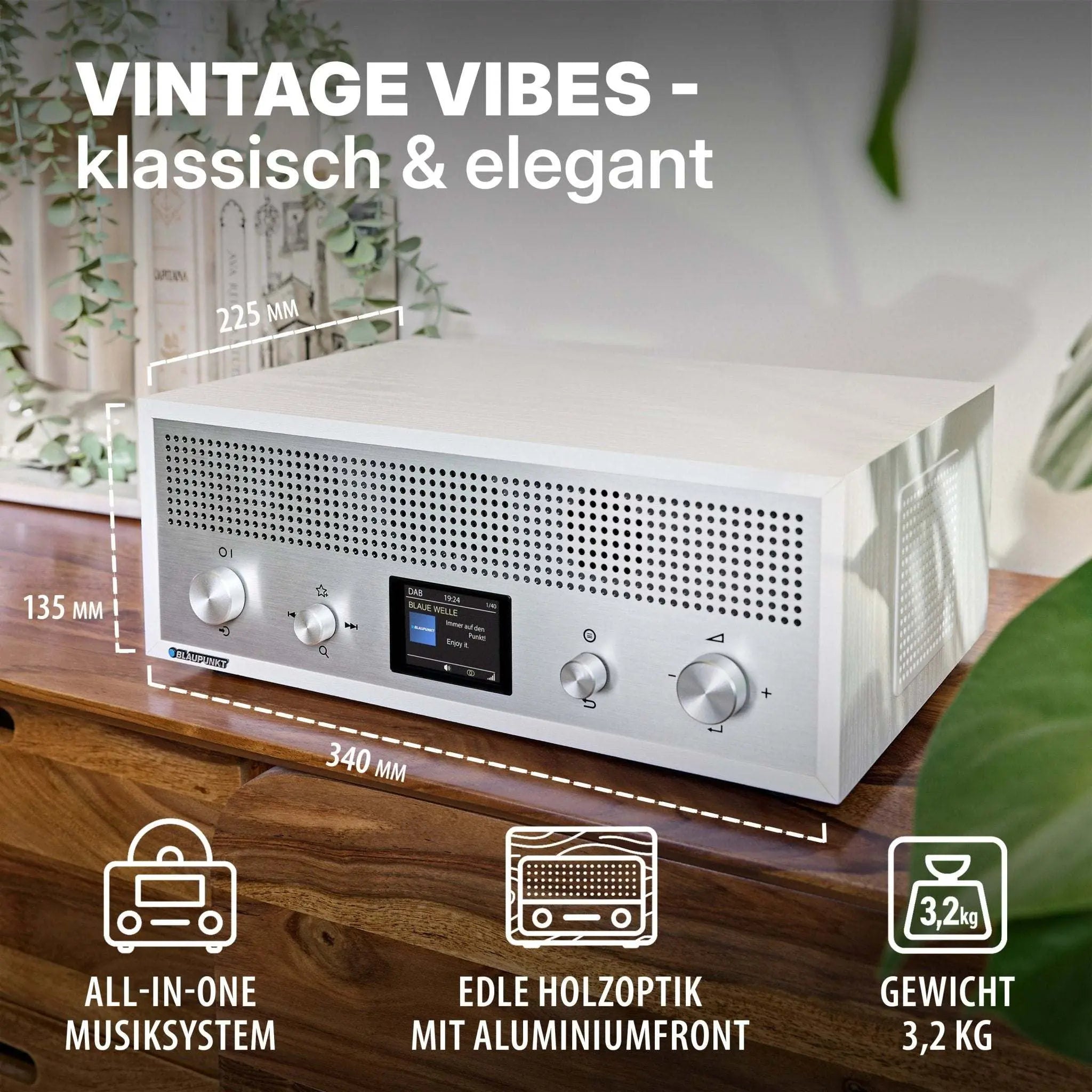 Nostalgieradio mit DAB+ in elegantem Retrodesign mit Aluminiumfront und Holzkorpus, Bluetooth und USB-Ladefunktion