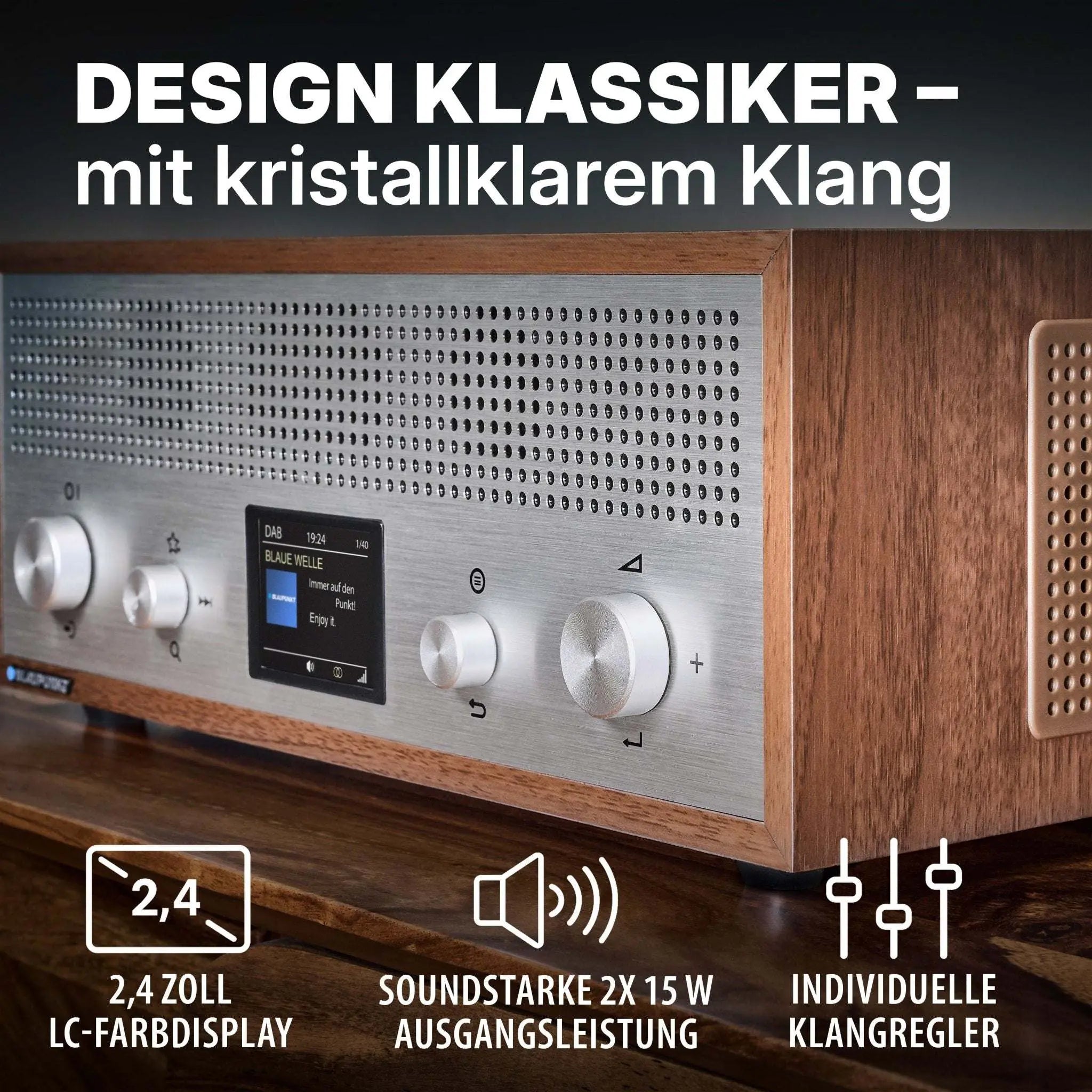 Nostalgieradio mit DAB+ Blaupunkt Verona im Retro Walnussdesign mit Bluetooth und 2,4 Zoll Farbdisplay.