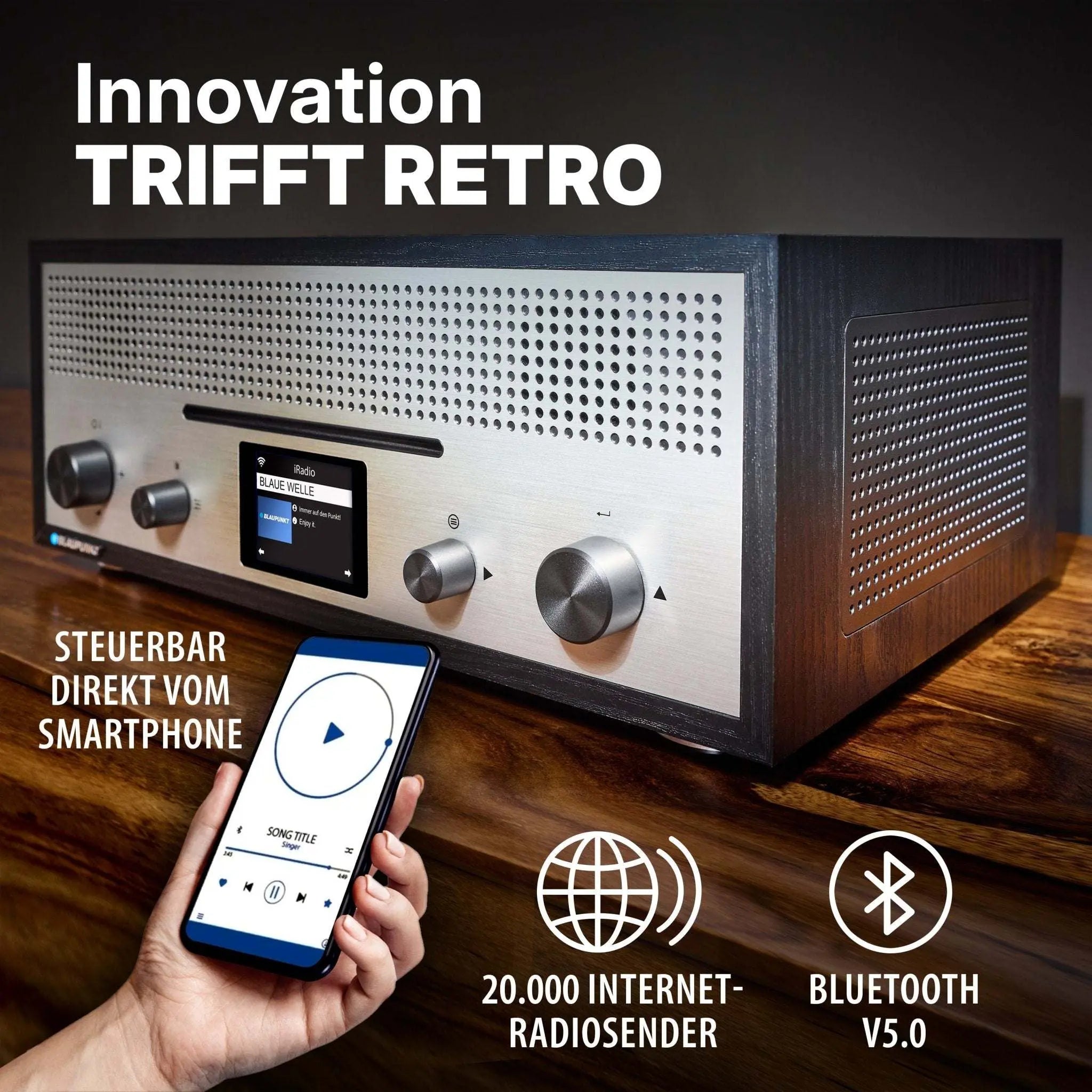 Blaupunkt MILANO Internetradio mit CD in Retro-Design, Bluetooth V5.0, WLAN für 20.000 Internetradiosender, steuerbar per Smartphone, Holzgehäuse mit Aluminiumfront