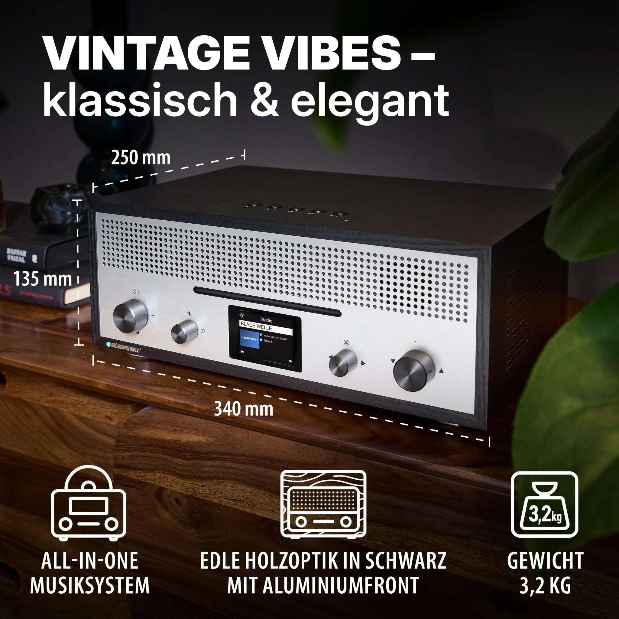 Blaupunkt MILANO Internetradio mit CD, schwarzes Holzgehäuse und Aluminiumfront, klassisches Retro-Design, Maße 340x250x135 mm, 3,2 kg, All-in-One Musiksystem