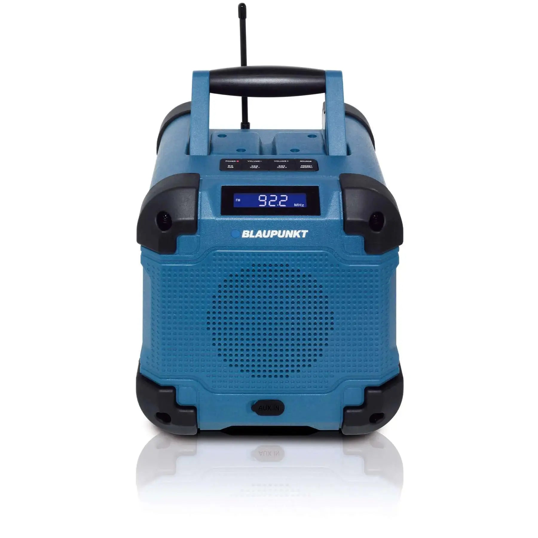 Blue Blaupunkt Baustellenradio BSR 40 with robust design, Bluetooth 5.3, 5W sound, IP45 dust and water protection, and portable handle.