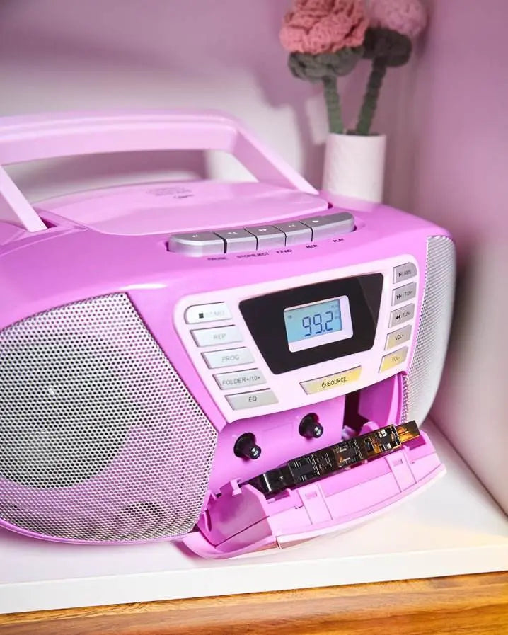 violettes Boombox mit CD-Player, Radio, Kassettendeck und Bluetooth für Kinder