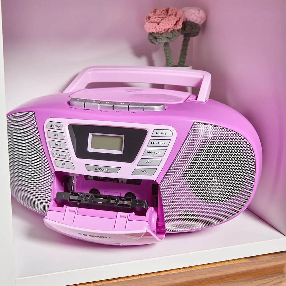 Violett Kinder-Boombox mit CD-Player, Bluetooth, Kassettendeck und Radiofunktion, tragbar mit leicht bedienbaren Tasten und beleuchtetem Display