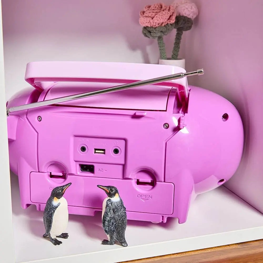 Violet Blaupunkt B 120 children's boombox with CD player, Bluetooth, USB, cassette deck, radio, headphone jack, and large buttons.