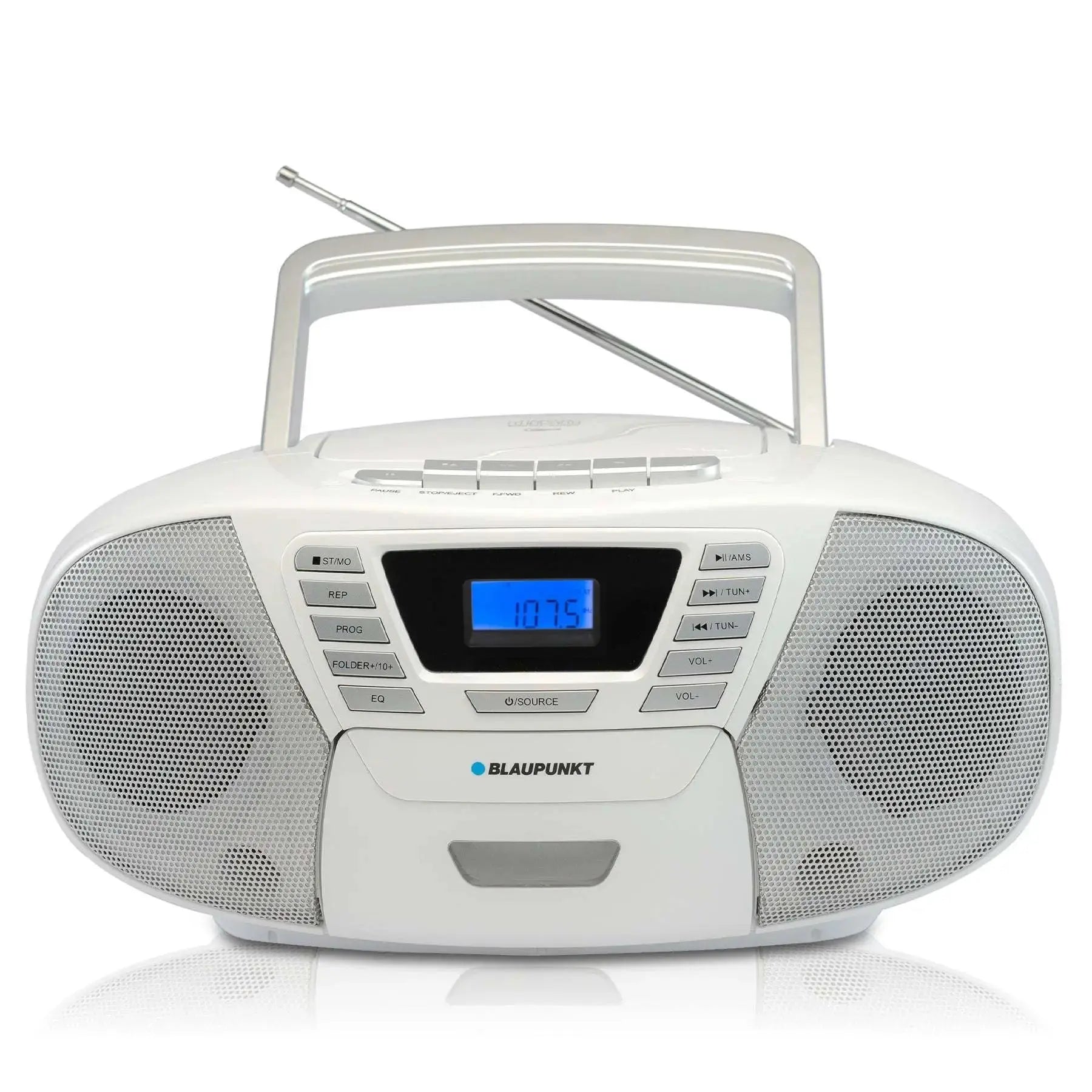 Weißer Blaupunkt Boombox mit CD Player, Bluetooth, Kassettendeck und UKW-Radio für Kinder