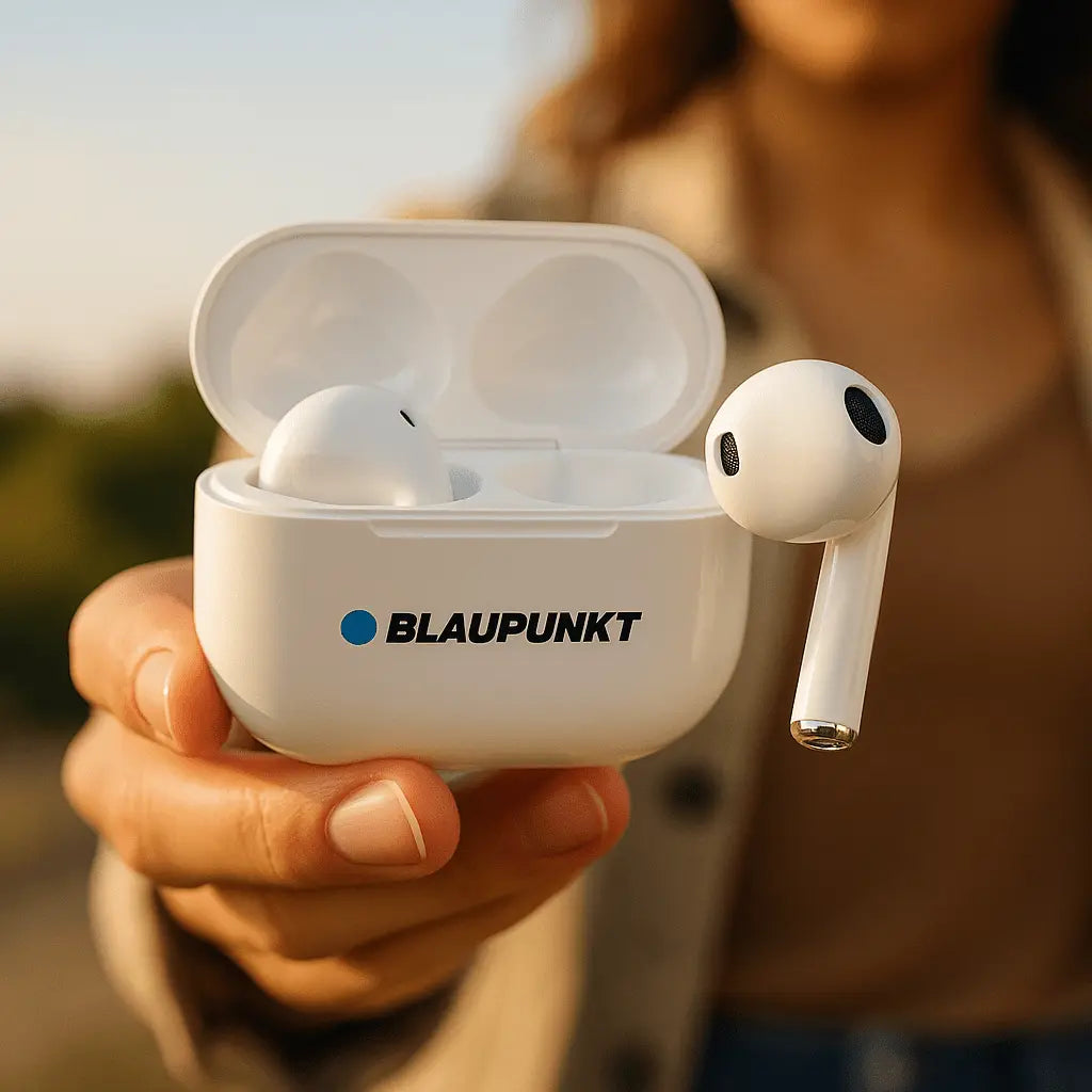 Weißes Bluetooth Kopfhörer-Set TWS 25 von Blaupunkt mit Ladecase und Touch-Steuerung