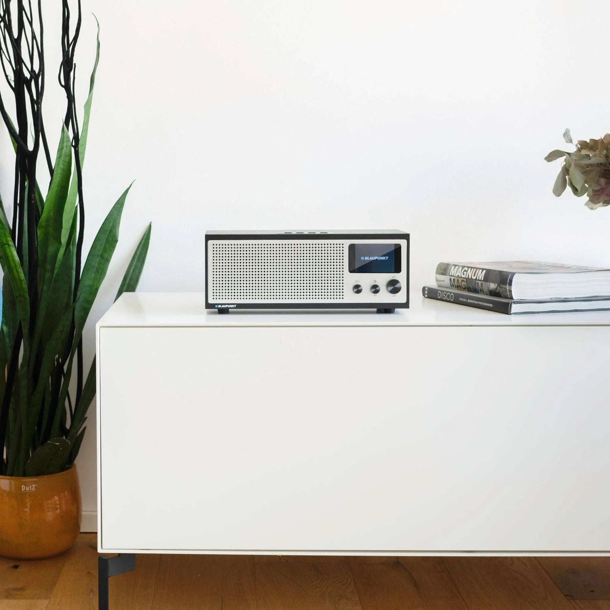 Internetradio mit DAB+ Blaupunkt Napoli im Retro-Design auf weißem Sideboard mit Pflanze und Büchern
