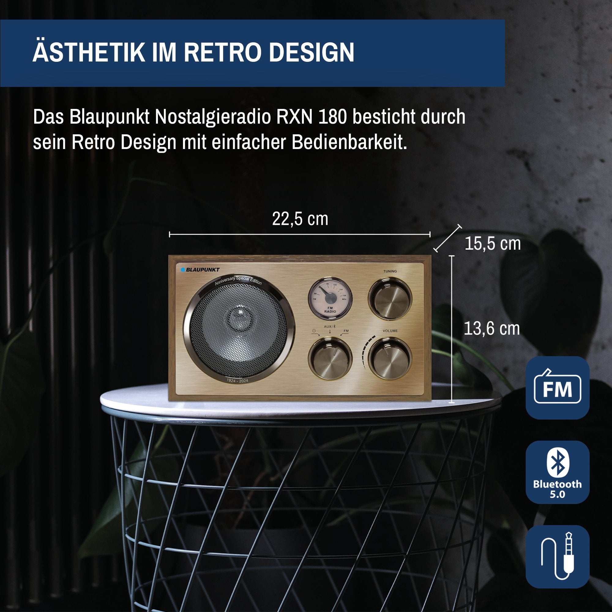 Nostalgieradio mit Bluetooth | RXN 180 Messing | Palermo - Blaupunkt Audio Deutschland Radio Walnuss / Messing
