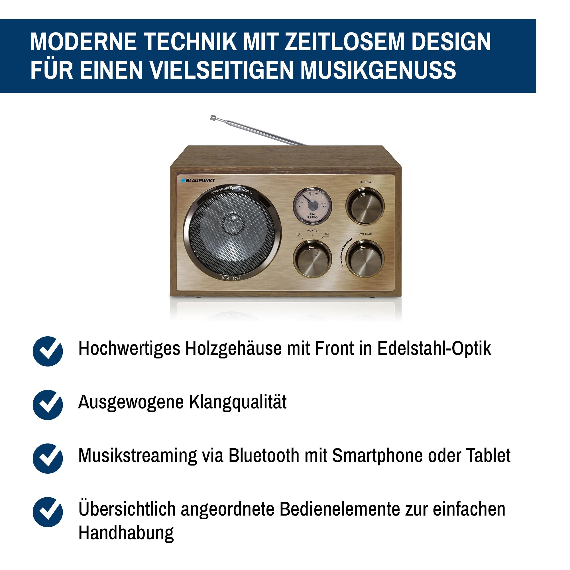 Nostalgieradio mit Bluetooth | RXN 180 Messing | Palermo - Blaupunkt Audio Deutschland Radio Walnuss / Messing