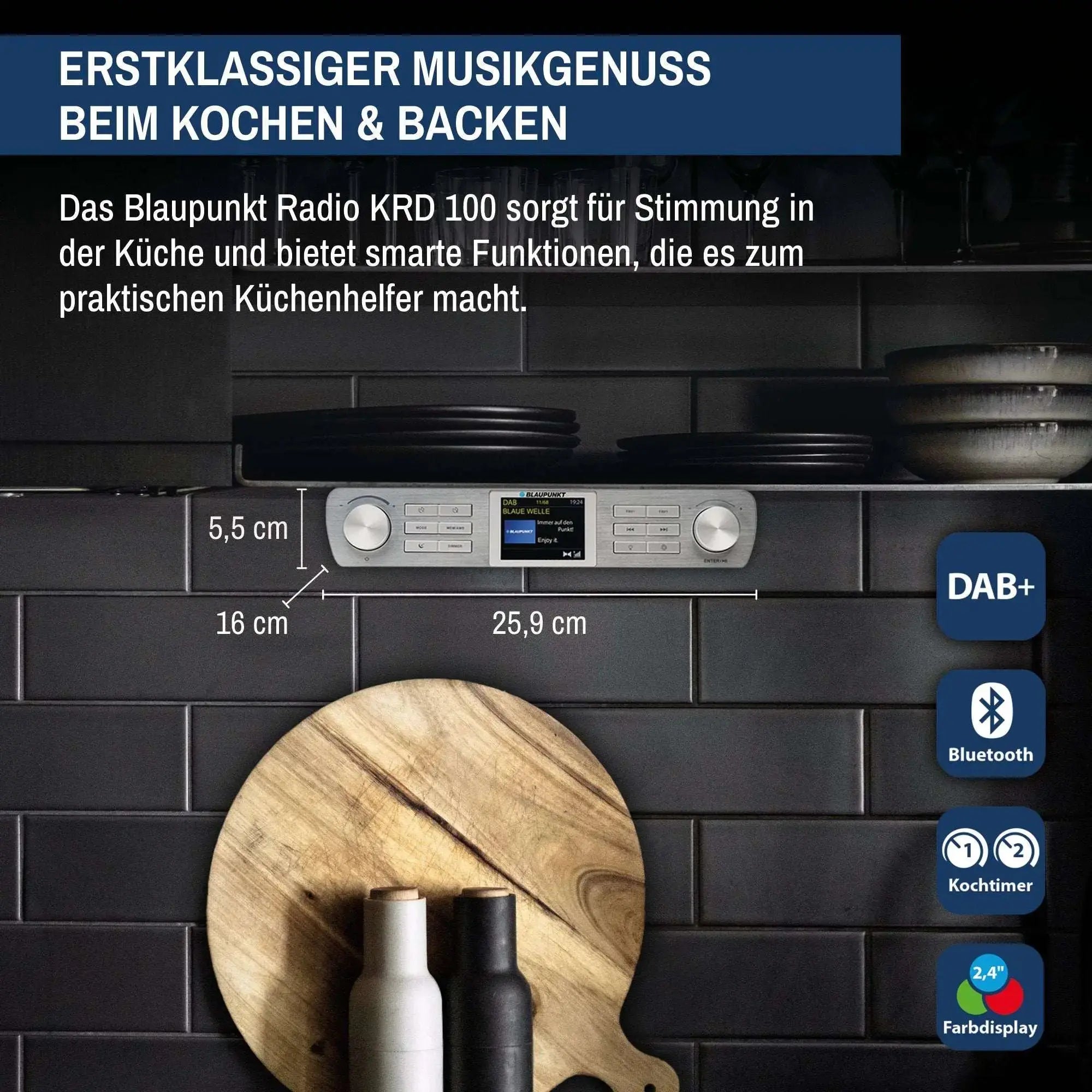 Küchenradio mit DAB+ und Bluetooth KRD 100 weiß, Unterbauradio mit Timer, LED-Display und Arbeitsflächenbeleuchtung