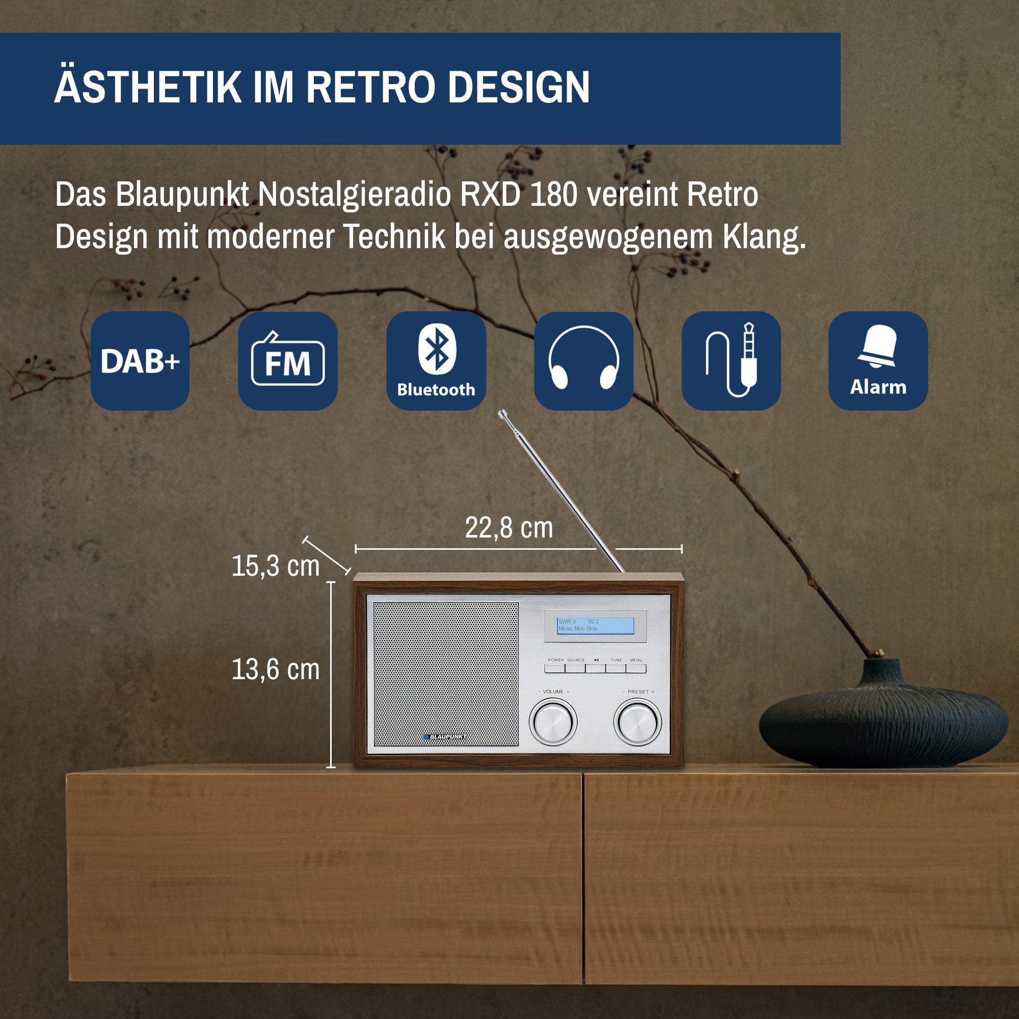 Nostalgieradio mit DAB+ und Bluetooth | RXD 180 Walnuss | Firenze - Blaupunkt Audio Deutschland Radio Braun