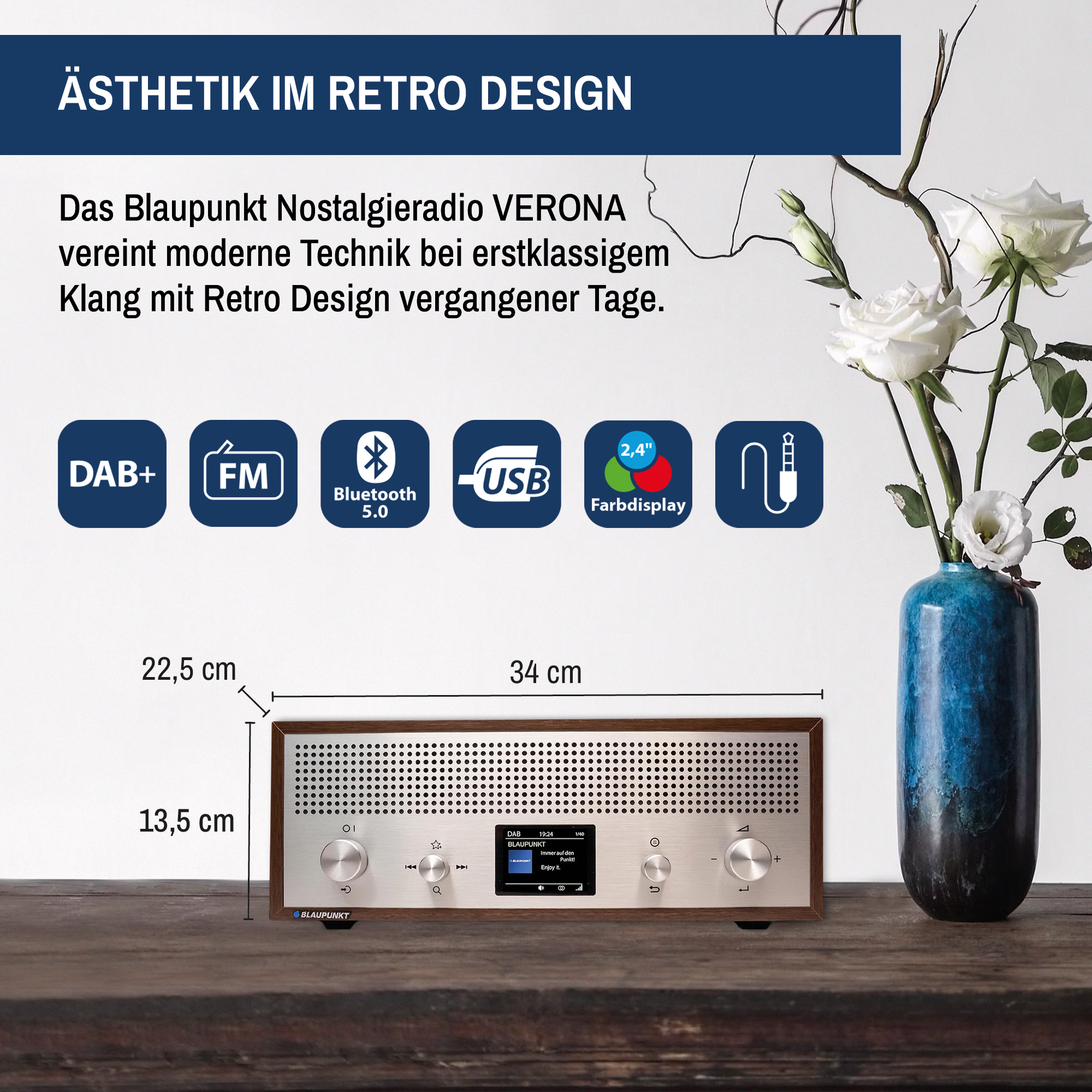 Nostalgieradio mit DAB+ und Bluetooth | VERONA Walnuss - Blaupunkt Audio Deutschland Radio Walnuss