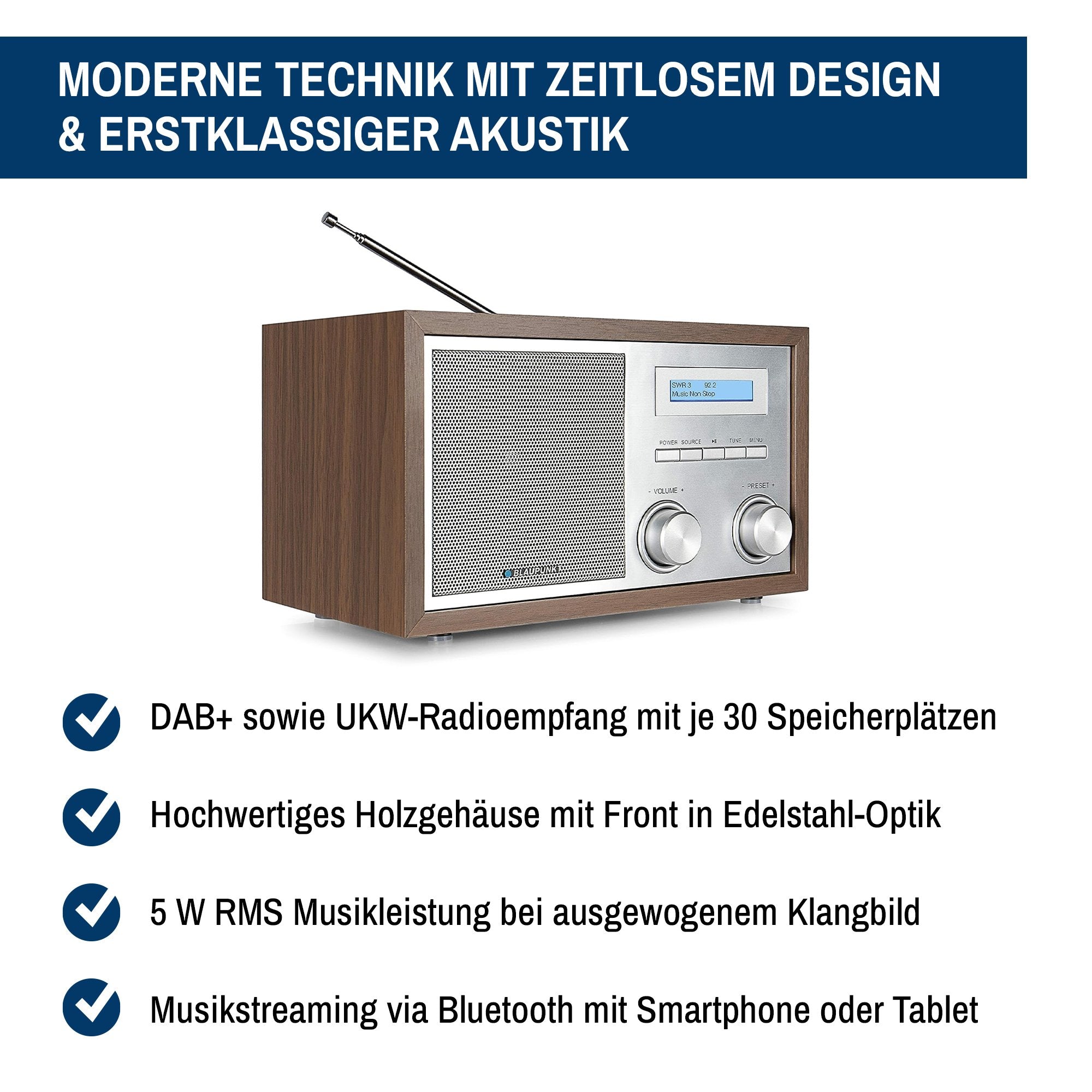 Nostalgieradio mit DAB+ und Bluetooth | RXD 180 Walnuss | Firenze - Blaupunkt Audio Deutschland Radio Braun
