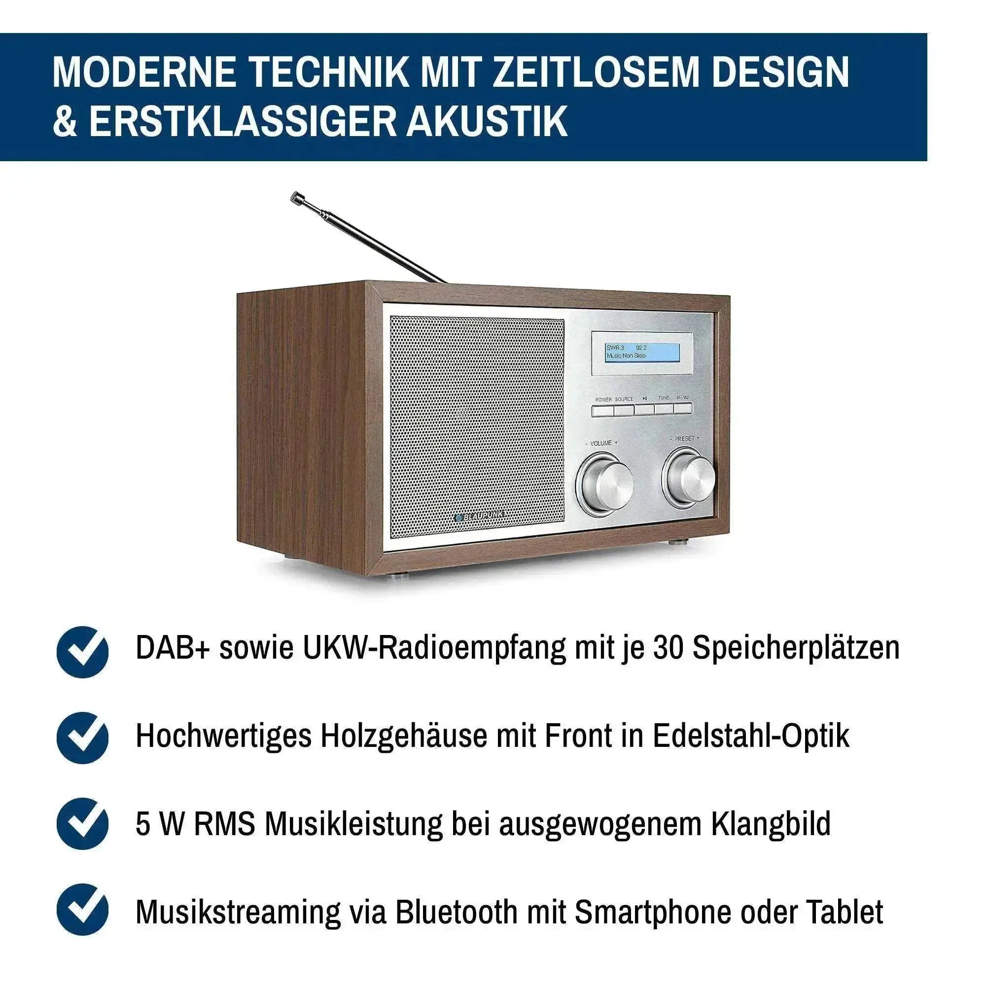 Nostalgieradio mit DAB+ und Bluetooth, Walnuss-Holzgehäuse, Aluminiumfront, UKW- und DAB+-Empfang, 5 Watt RMS, Bluetooth-Streaming, AUX-In, Kopfhöreranschluss, beleuchtetes LC-Display, Retro-Design
