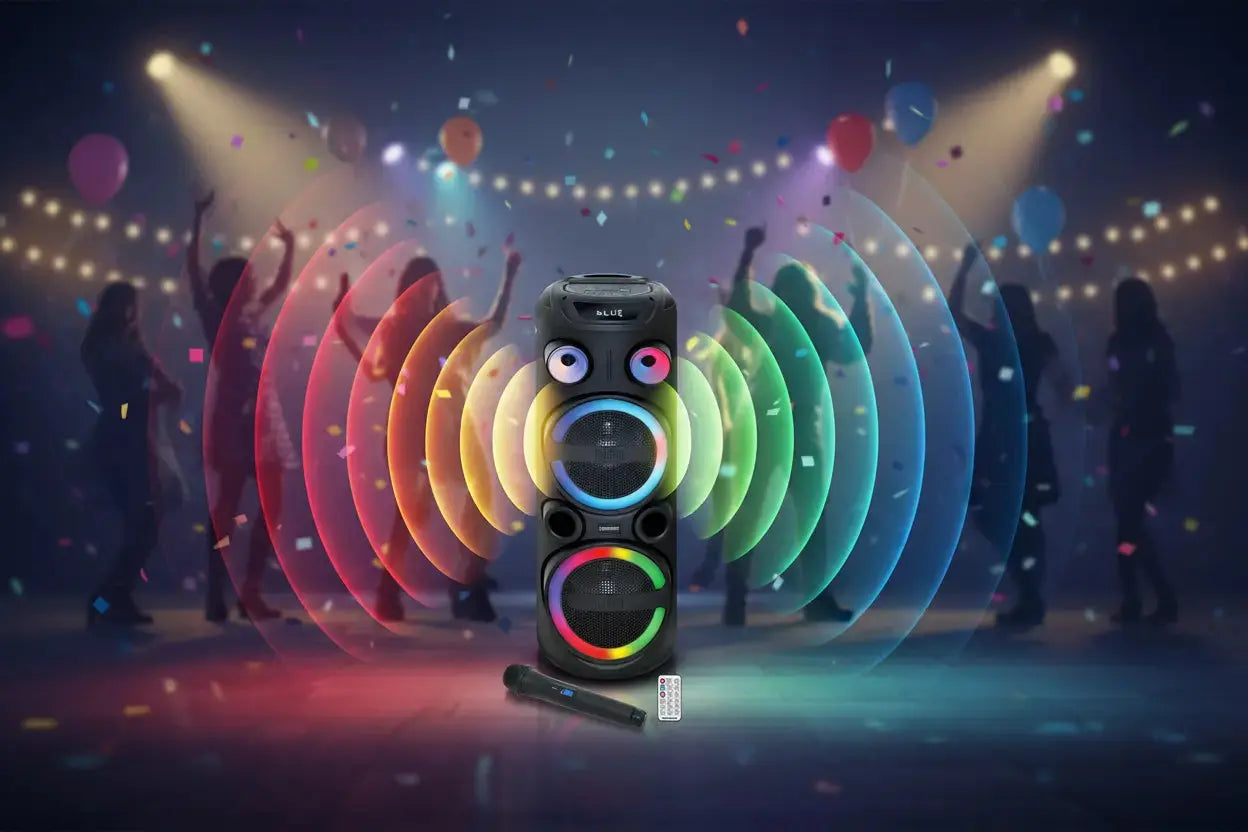 Partylautsprecher PS 3000 vor bunten Schallwellen mit tanzenden Menschen im Hintergrund.