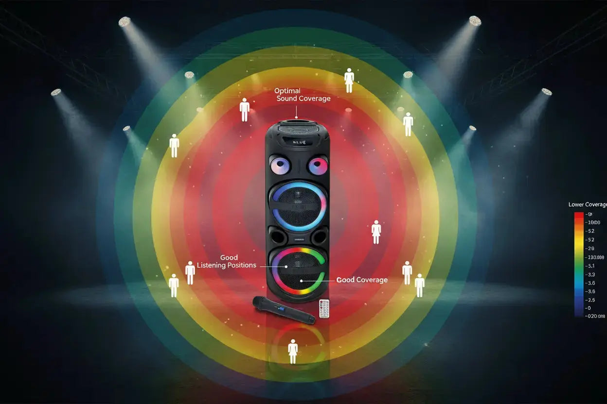 Partylautsprecher PS 3000 mit farbigen Kreisen um ihn herum, die die optimale Soundabdeckung darstellen.