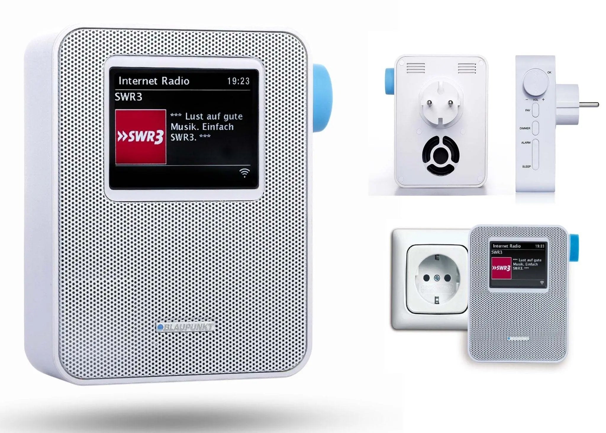 Weißes Steckdosen Internetradio PIB 100 WH mit Bluetooth, Farbdisplay und Spotify Connect, kompakt und WLAN-fähig