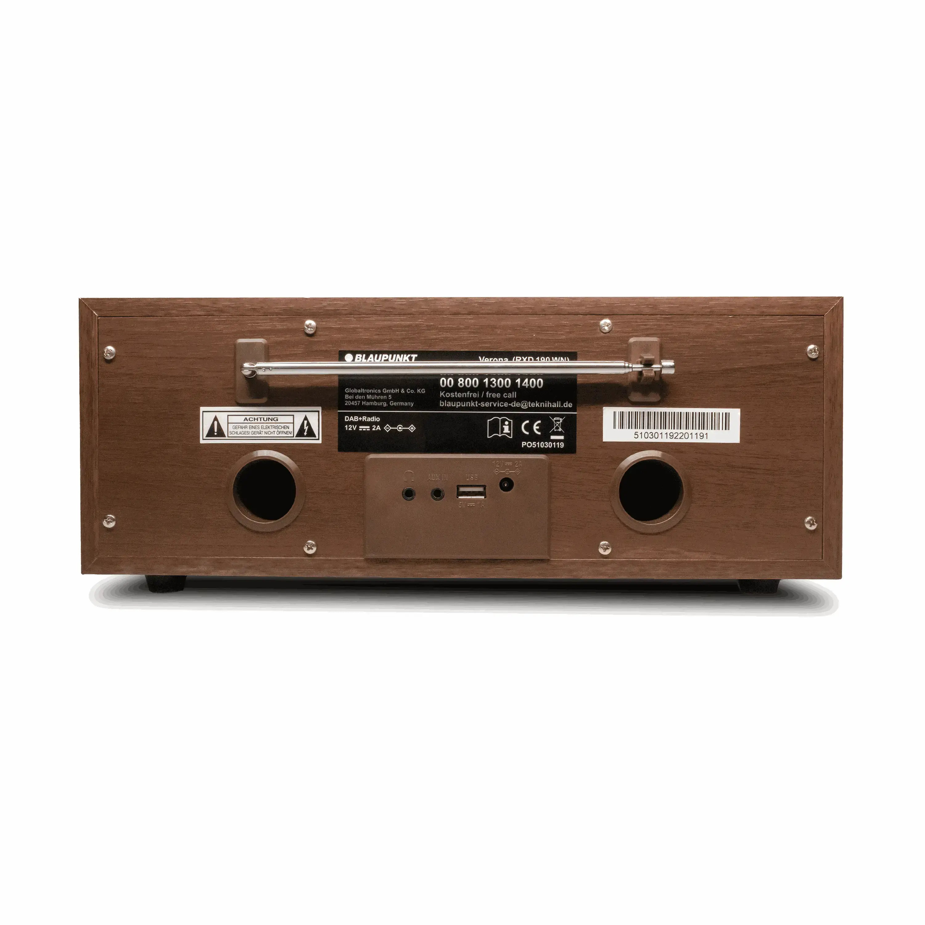 Rückansicht eines Nostalgieradios mit DAB+, Bluetooth und Holzkorpus in Walnussbraun