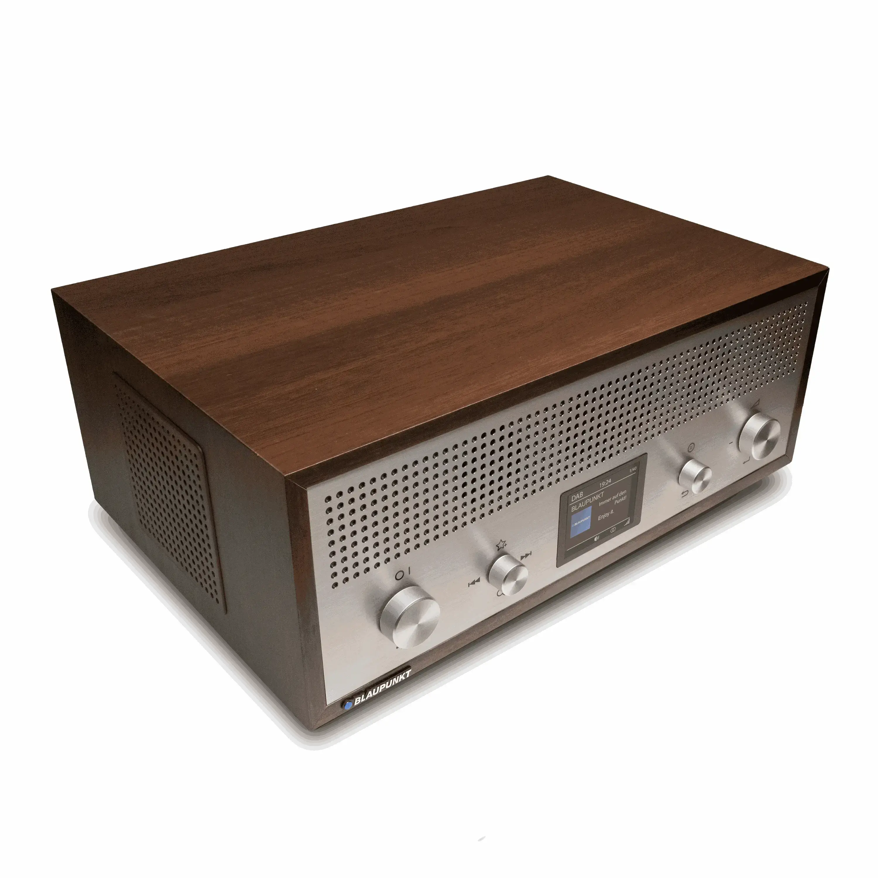 Nostalgieradio mit DAB+ und Bluetooth in Walnuss-Holzkorpus mit Aluminiumfront und farbigem Display