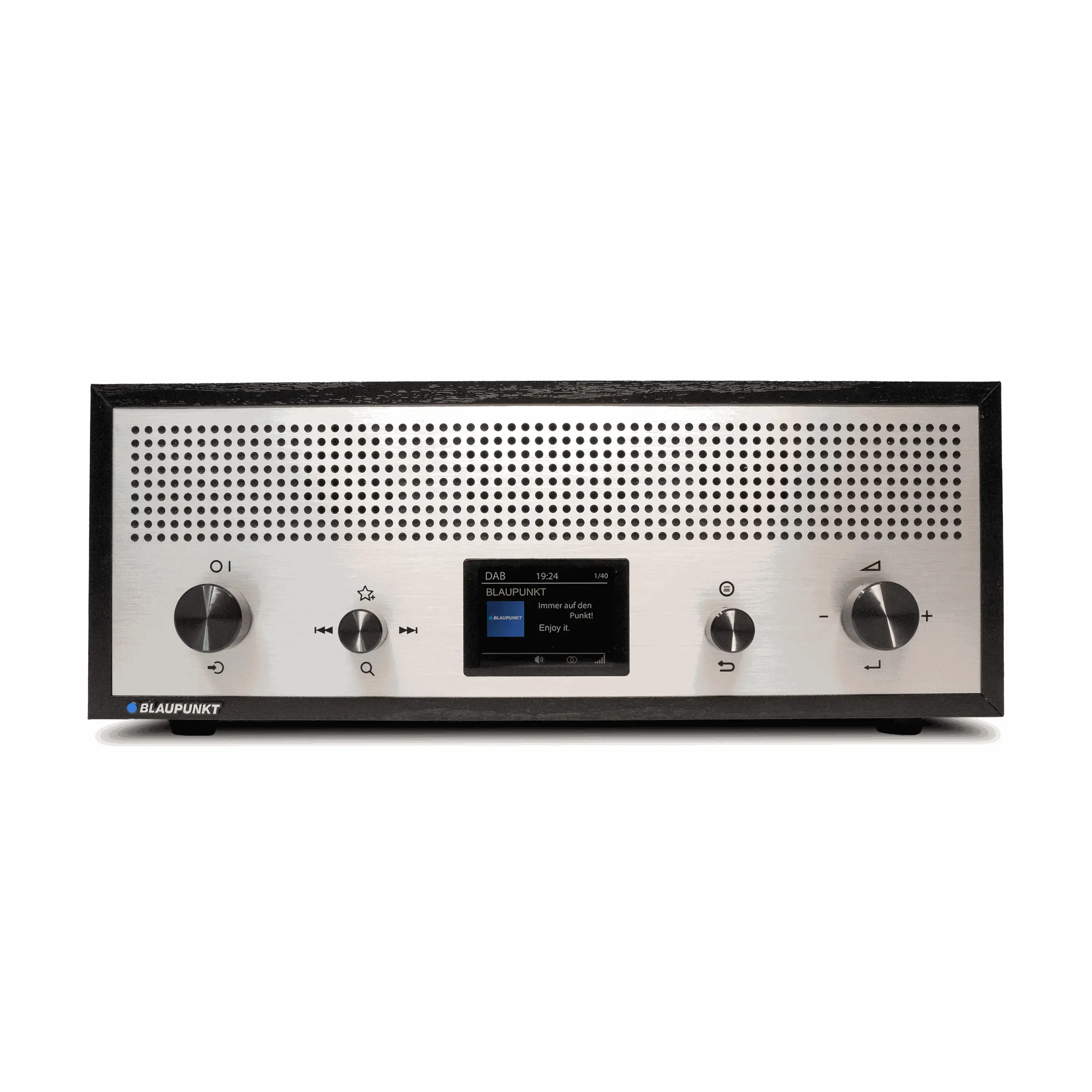 Schwarzes Nostalgieradio mit DAB+, Bluetooth, Aluminiumfront und Holzkorpus von Blaupunkt.