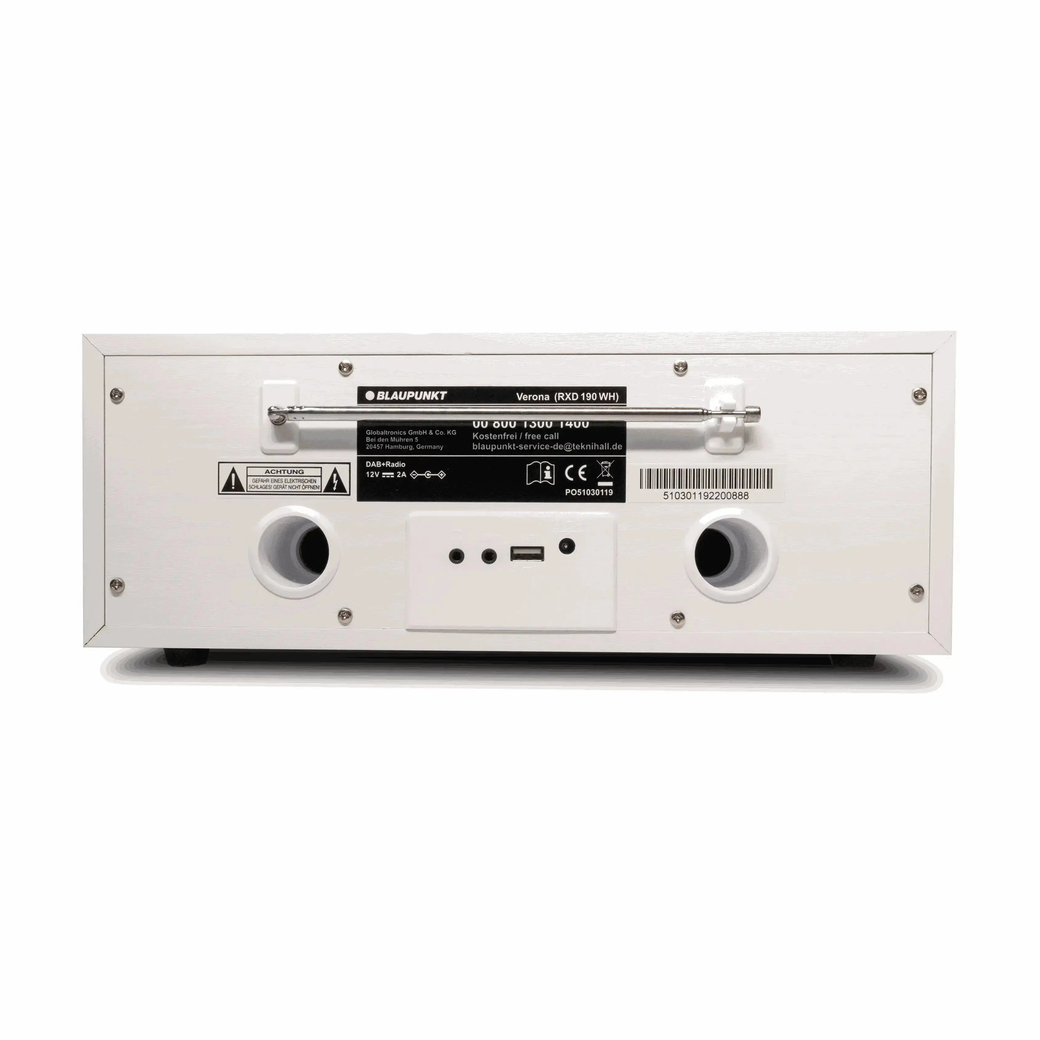 Rückansicht des weißen Nostalgieradios mit DAB+ und Bluetooth von Blaupunkt Verona