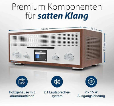 Blaupunkt MILANO Internetradio mit CD in Walnuss, Holzgehäuse, Aluminiumfront, 2.1 Lautsprechersystem, 2 x 15W Leistung, Retro-Design
