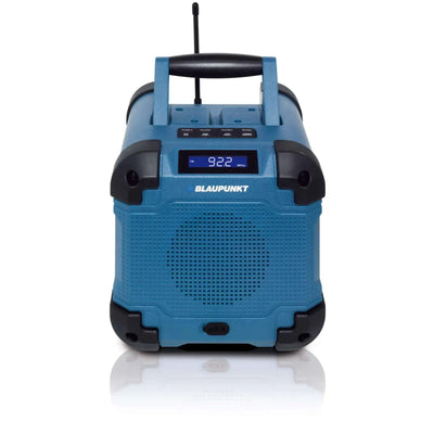 Blue Blaupunkt Baustellenradio BSR 40 with robust design, Bluetooth 5.3, 5W sound, IP45 dust and water protection, and portable handle.