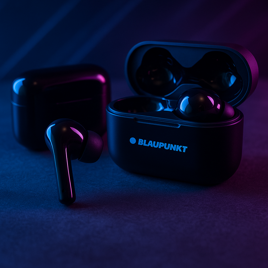 Blaupunkt TWS 25 Bluetooth Kopfhörer in schwarz auf dem Tisch stehend mit Neonlicht in lila und blau 