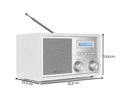Weißes Nostalgieradio mit DAB+ und Bluetooth, Holzgehäuse und Aluminiumfront, Blaupunkt RXD 180