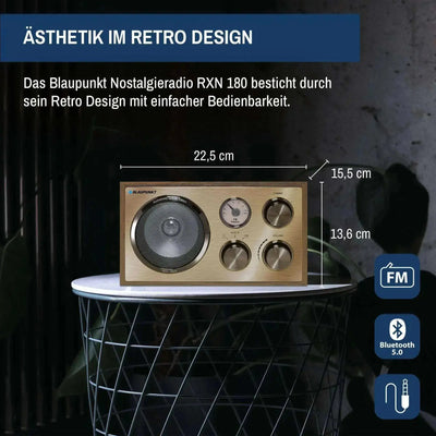Blaupunkt RXN 180 Retroradio mit Bluetooth, Holzgehäuse und Aluminiumfront, 3 Drehregler, beleuchtete Frequenzanzeige, AUX-In, 22,5x15,5x13,6 cm.