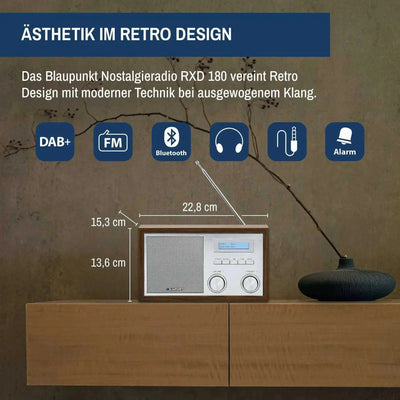 Blaupunkt RXD 180 Nostalgieradio mit DAB+, FM, Bluetooth, Holzgehäuse und Aluminiumfront im Retro-Design