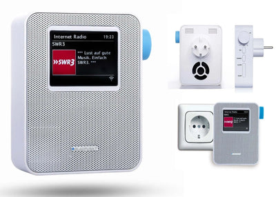 Weißes Steckdosen Internetradio PIB 100 WH mit Bluetooth, Farbdisplay und Spotify Connect, kompakt und WLAN-fähig