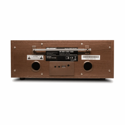 Rückansicht eines Nostalgieradios mit DAB+, Bluetooth und Holzkorpus in Walnussbraun